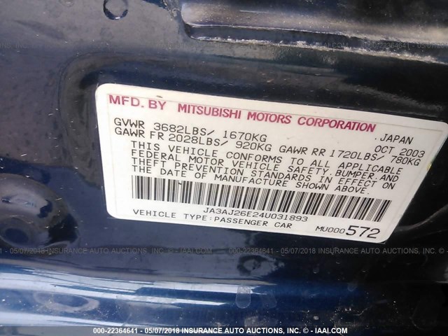 JA3AJ26E24U031893 - 2004 MITSUBISHI LANCER ES BLUE photo 9