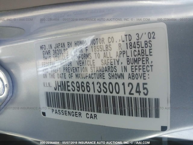 JHMES96613S001245 - 2003 HONDA CIVIC HYBRID BLUE photo 9