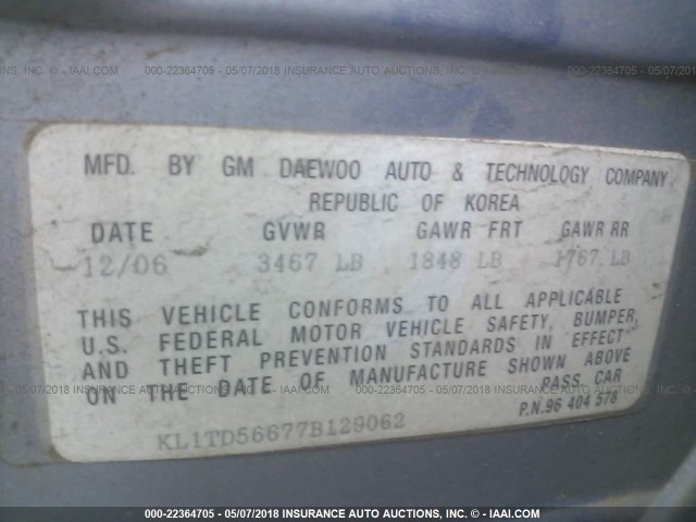 KL1TD56677B129062 - 2007 CHEVROLET AVEO LS 蓝色 照片 9