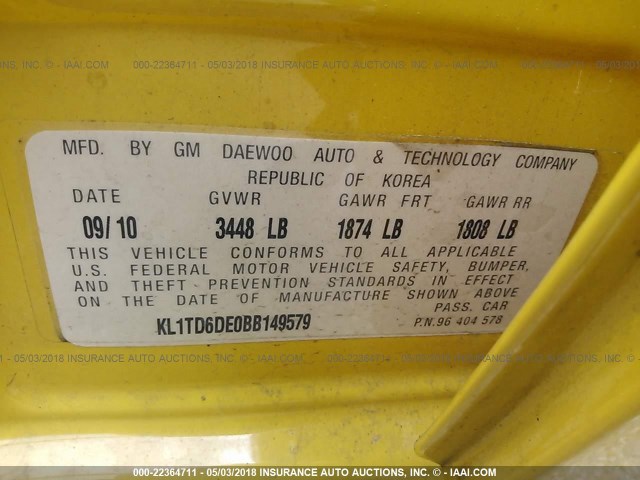 KL1TD6DE0BB149579 - 2011 CHEVROLET AVEO LS/LT 黄色 照片 9