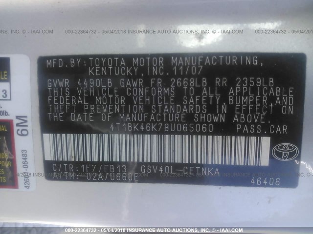 4T1BK46K78U065060 - 2008 TOYOTA CAMRY LE/XLE/SE ვერცხლისფერი ფოტო 9