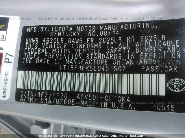 4T1BF1FK5EU451507 - 2014 TOYOTA CAMRY L/SE/LE/XLE 银色 照片 9