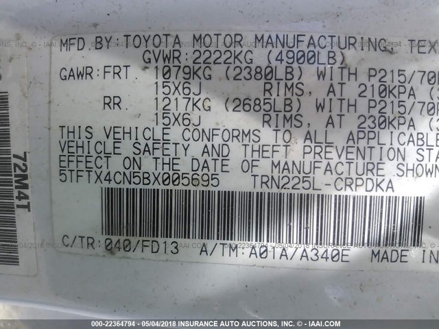 5TFTX4CN5BX005695 - 2011 TOYOTA TACOMA ACCESS CAB Weiß Foto 9