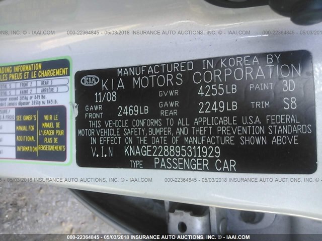 KNAGE228895311929 - 2009 KIA OPTIMA LX/EX SILVER photo 9