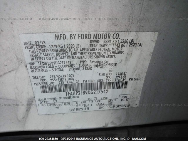 1FAHP2F89DG217542 - 2013 FORD TAURUS LIMITED SILVER photo 9