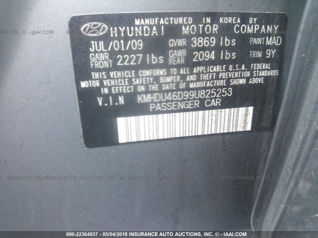 KMHDU46D99U825253 - 2009 HYUNDAI ELANTRA GLS/SE GRAY photo 9