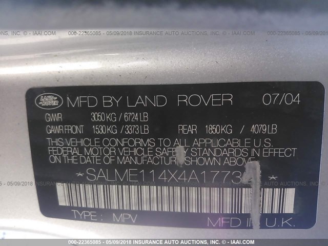 SALME114X4A177321 - 2004 LAND ROVER RANGE ROVER HSE GRAY photo 9