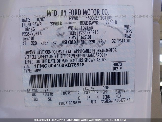 1FMCU04168KB78818 - 2008 FORD ESCAPE LIMITED WHITE photo 9