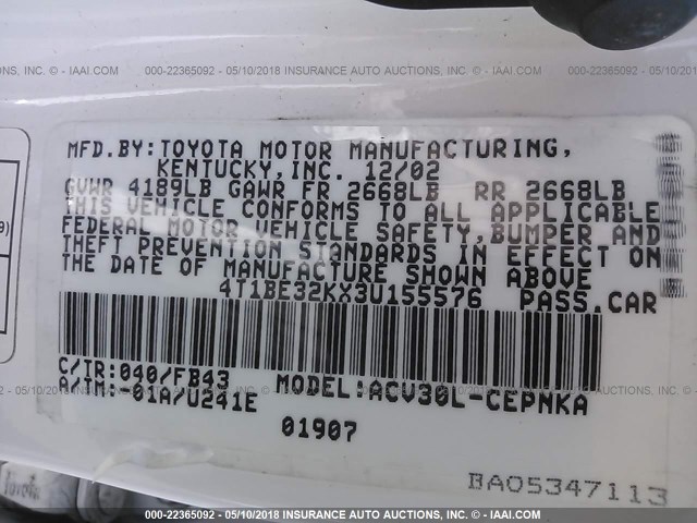 4T1BE32KX3U155576 - 2003 TOYOTA CAMRY LE/XLE/SE Ağ foto 9