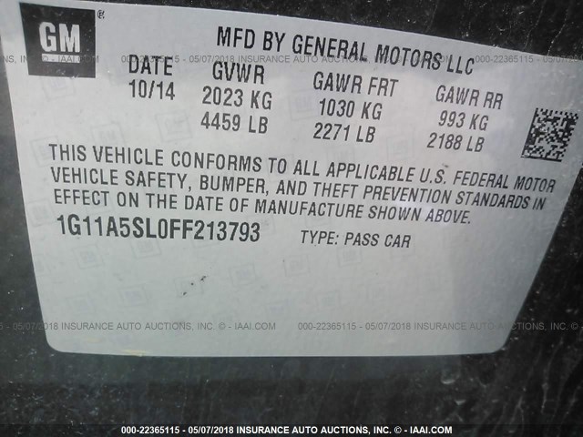 1G11A5SL0FF213793 - 2015 CHEVROLET MALIBU LS 灰色 照片 9