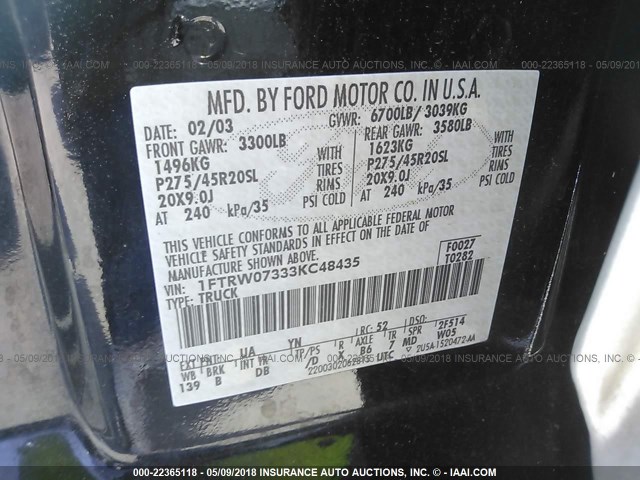 1FTRW07333KC48435 - 2003 FORD F150 SUPERCREW HARLEY DAVIDSON GRAY photo 9