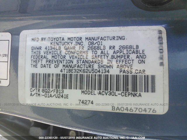4T1BE32K62U504134 - 2002 TOYOTA CAMRY LE/XLE/SE Açıq mavi foto 9