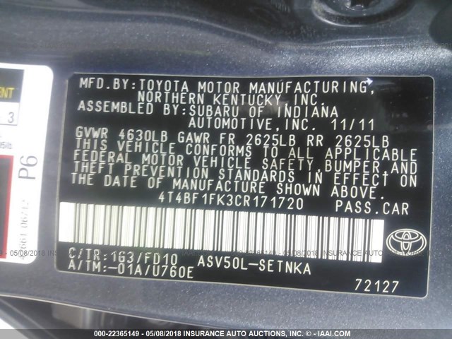 4T4BF1FK3CR171720 - 2012 TOYOTA CAMRY SE/LE/XLE GRAY photo 9