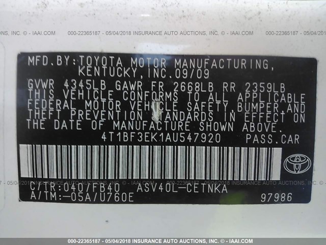 4T1BF3EK1AU547920 - 2010 TOYOTA CAMRY SE/LE/XLE 白色 照片 9