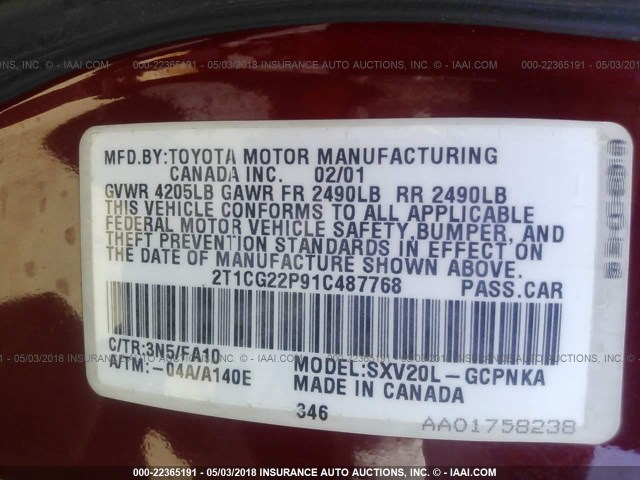 2T1CG22P91C487768 - 2001 TOYOTA CAMRY SOLARA SE RED photo 9