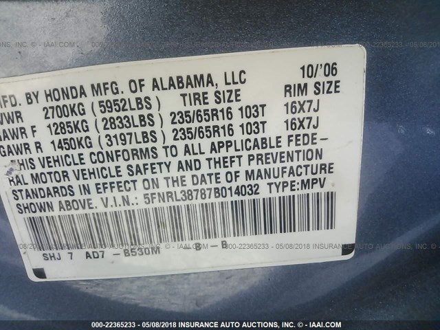 5FNRL38787B014032 - 2007 HONDA ODYSSEY EXL BLUE photo 9