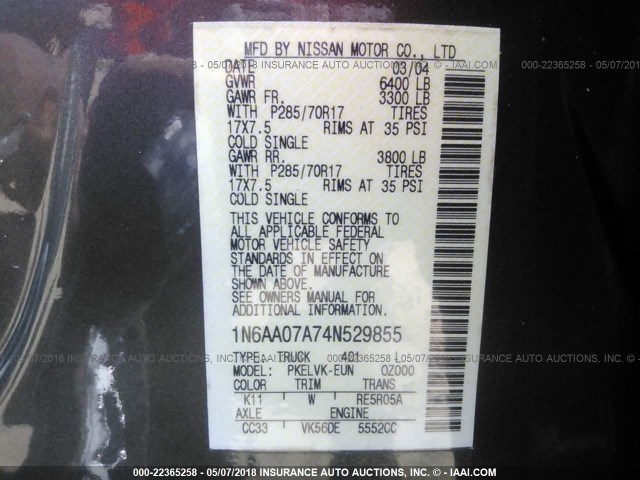 1N6AA07A74N529855 - 2004 NISSAN TITAN XE/SE/LE GRAY photo 9