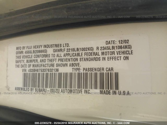 4S3BH675337632136 - 2003 SUBARU LEGACY OUTBACK AWP 白色 照片 9