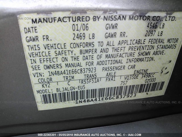 1N4BA41E66C837923 - 2006 NISSAN MAXIMA SE/SL GRAY photo 9