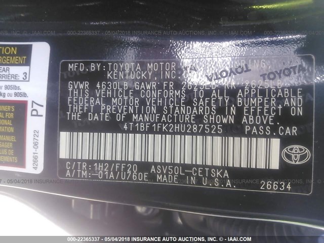 4T1BF1FK2HU287525 - 2017 TOYOTA CAMRY LE/XLE/SE/XSE BLUE photo 9