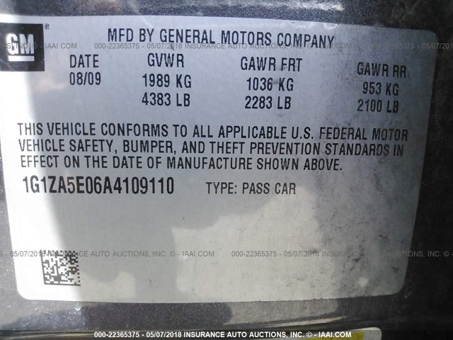 1G1ZA5E06A4109110 - 2010 CHEVROLET MALIBU LS GRAY photo 9