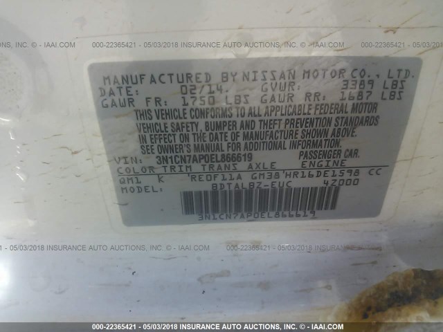 3N1CN7AP0EL866619 - 2014 NISSAN VERSA S/S PLUS/SV/SL WHITE photo 9