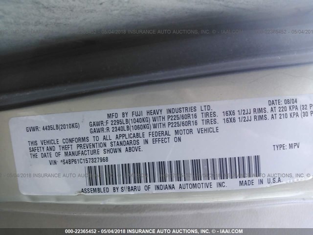 4S4BP61C157327968 - 2005 SUBARU LEGACY OUTBACK 2.5I Champagne photo 9