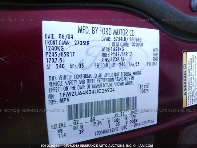 1FMZU64K24UC26934 - 2004 FORD EXPLORER EDDIE BAUER MAROON photo 9