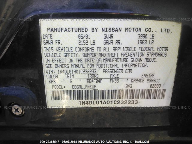 1N4DL01A01C232233 - 2001 NISSAN ALTIMA GXE/GLE/SE BLACK photo 9