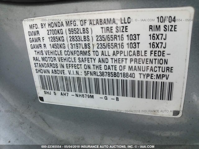 5FNRL38785B018840 - 2005 HONDA ODYSSEY EXL მწვანე ფოტო 9