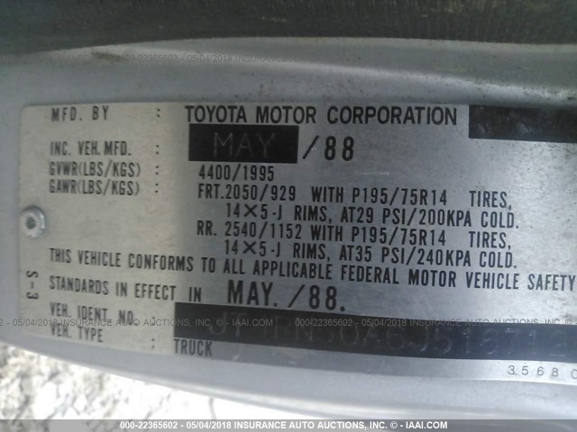 JT4RN50A6J5167126 - 1988 TOYOTA PICKUP 1/2 TON RN50 GRAY photo 9