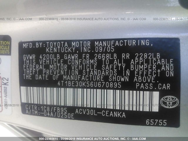 4T1BE30K56U670895 - 2006 TOYOTA CAMRY LE/XLE/SE SILVER photo 9