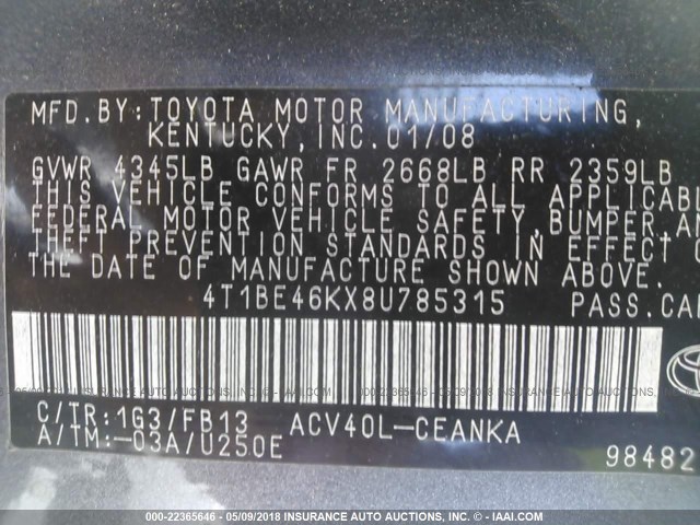 4T1BE46KX8U785315 - 2008 TOYOTA CAMRY CE/LE/XLE/SE GRAY photo 9