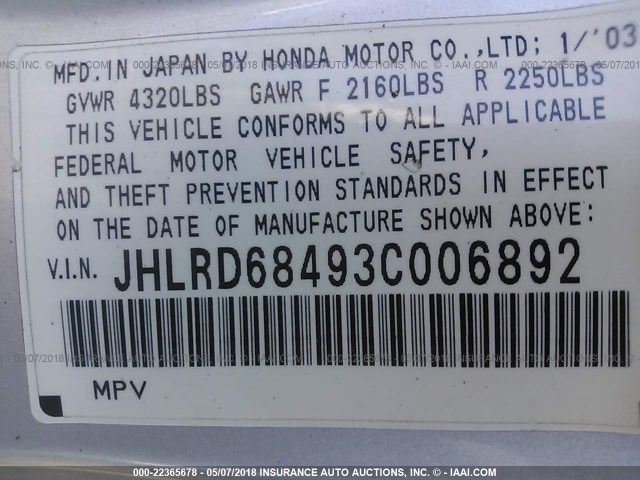 JHLRD68493C006892 - 2003 HONDA CR-V LX SILVER photo 9