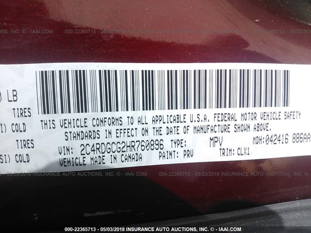 2C4RDGCG2HR760896 - 2017 DODGE GRAND CARAVAN SXT MAROON photo 9