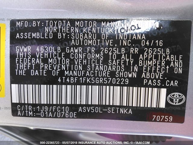 4T4BF1FK5GR570229 - 2016 TOYOTA CAMRY LE/XLE/SE/XSE SILVER photo 9