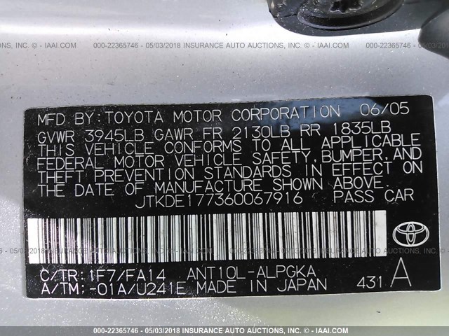 JTKDE177360067916 - 2006 TOYOTA SCION TC 银色 照片 9