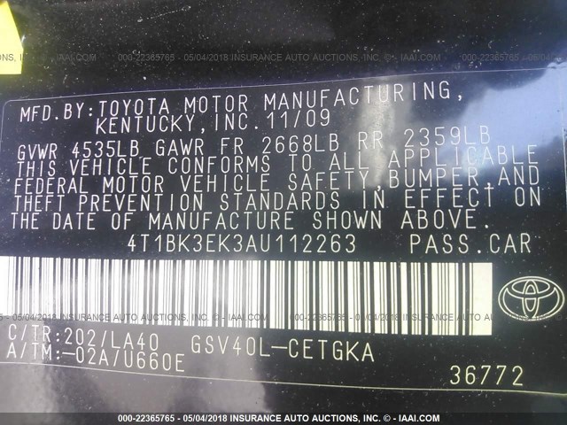 4T1BK3EK3AU112263 - 2010 TOYOTA CAMRY SE/LE/XLE 黑色 照片 9