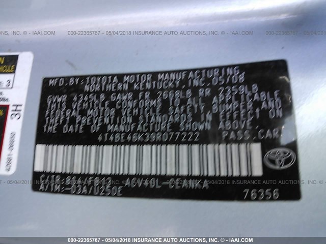 4T4BE46K39R077222 - 2009 TOYOTA CAMRY SE/LE/XLE BLUE photo 9