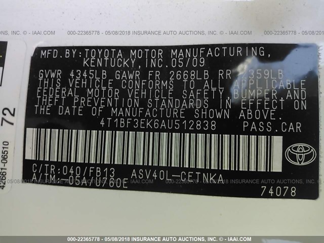 4T1BF3EK6AU512838 - 2010 TOYOTA CAMRY SE/LE/XLE WHITE photo 9
