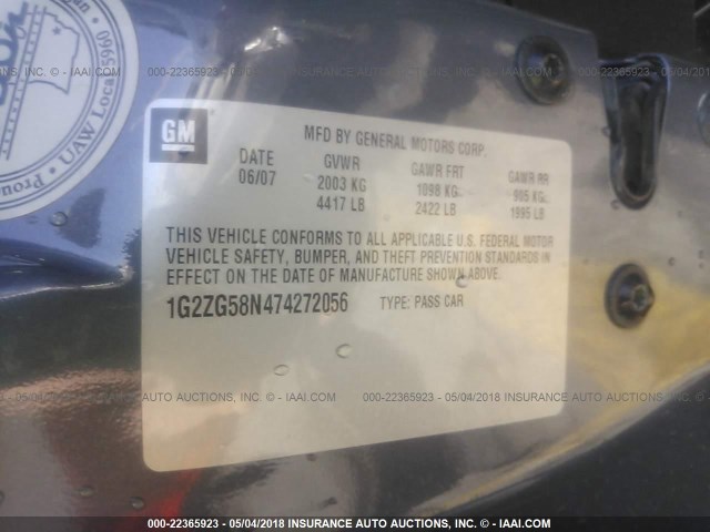 1G2ZG58N474272056 - 2007 PONTIAC G6 SE GRAY photo 9