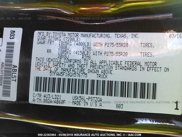 5TFAW5F18GX576775 - 2016 TOYOTA TUNDRA CREWMAX 1794/PLATINUM 棕色 照片 9