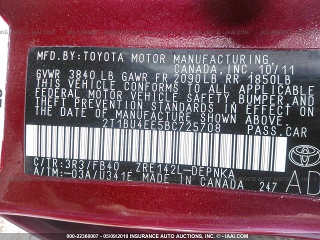 2T1BU4EE5BC725708 - 2011 TOYOTA COROLLA S/LE RED photo 9