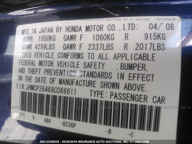 JHMCP26468C066611 - 2008 HONDA ACCORD LXP BLUE photo 9