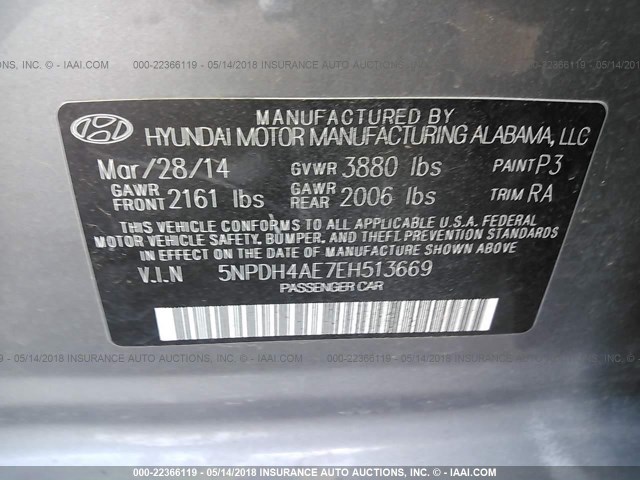 5NPDH4AE7EH513669 - 2014 HYUNDAI ELANTRA SE/SPORT/LIMITED GRAY photo 9