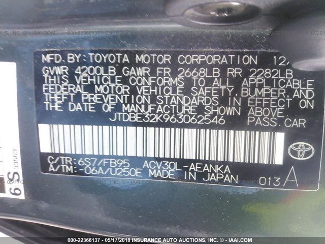 JTDBE32K963062546 - 2006 TOYOTA CAMRY LE/XLE GREEN photo 9