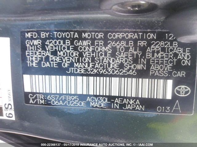 JTDBE32K963062546 - 2006 TOYOTA CAMRY LE/XLE 绿色 照片 9