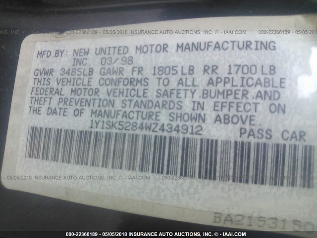 1Y1SK5284WZ434912 - 1998 CHEVROLET GEO PRIZM LSI BLUE photo 9