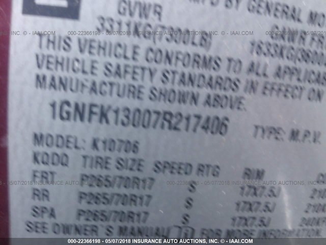 1GNFK13007R217406 - 2007 CHEVROLET TAHOE K1500 MAROON photo 9