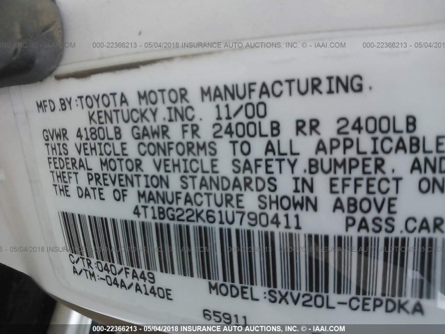 4T1BG22K61U790411 - 2001 TOYOTA CAMRY CE/LE/XLE თეთრი ფოტო 9